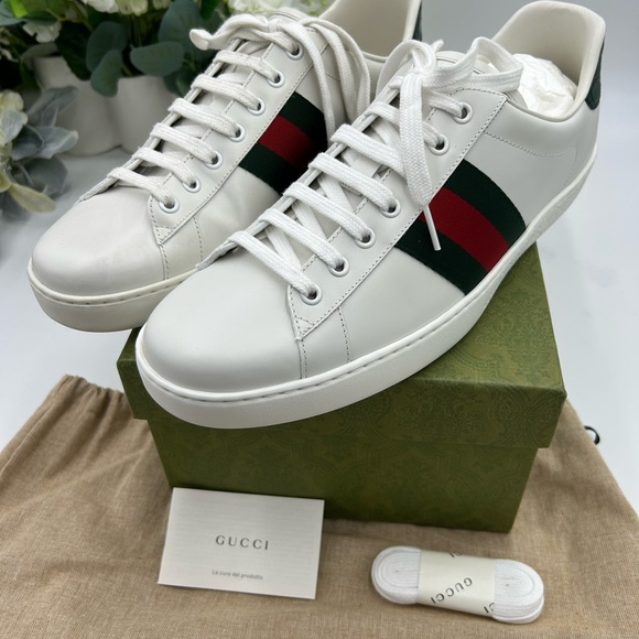 Men's Gucci ace Leather green/red web stripe size 11 fit fits 12 US made Italy - Picture 2 of 10
